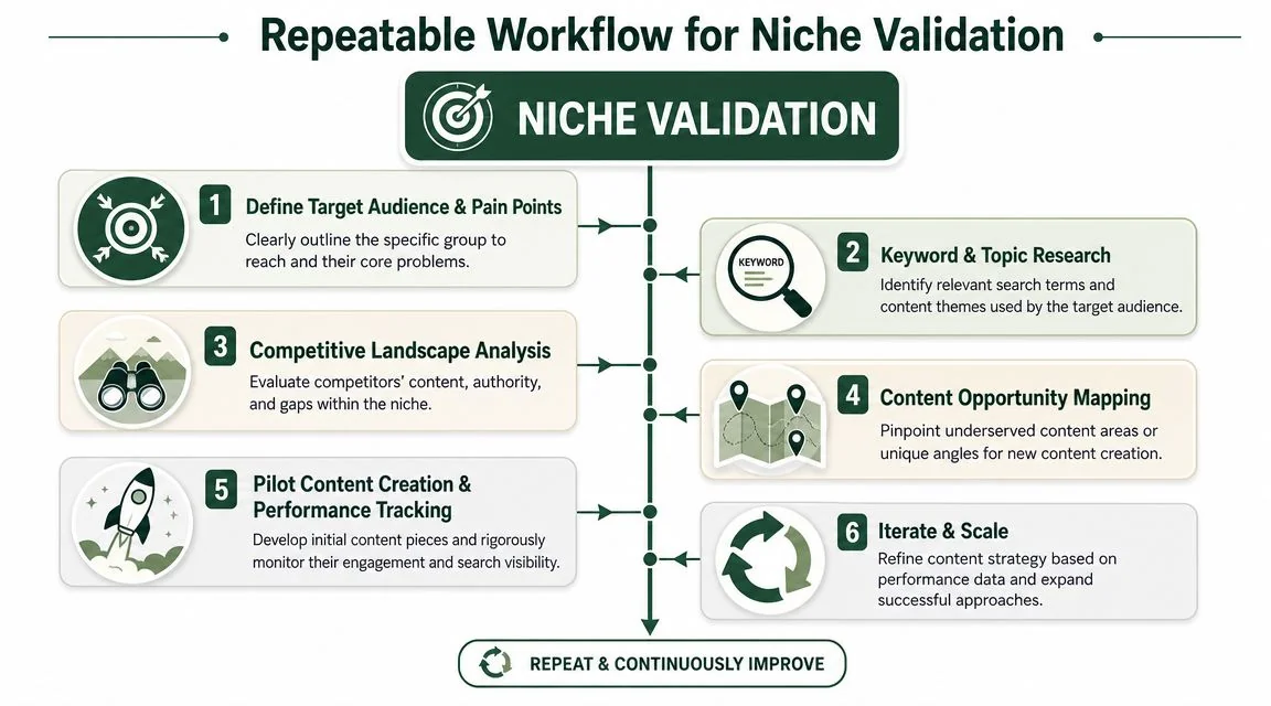A six-step workflow infographic detailing the systematic process for validating a digital niche for SEO purposes.