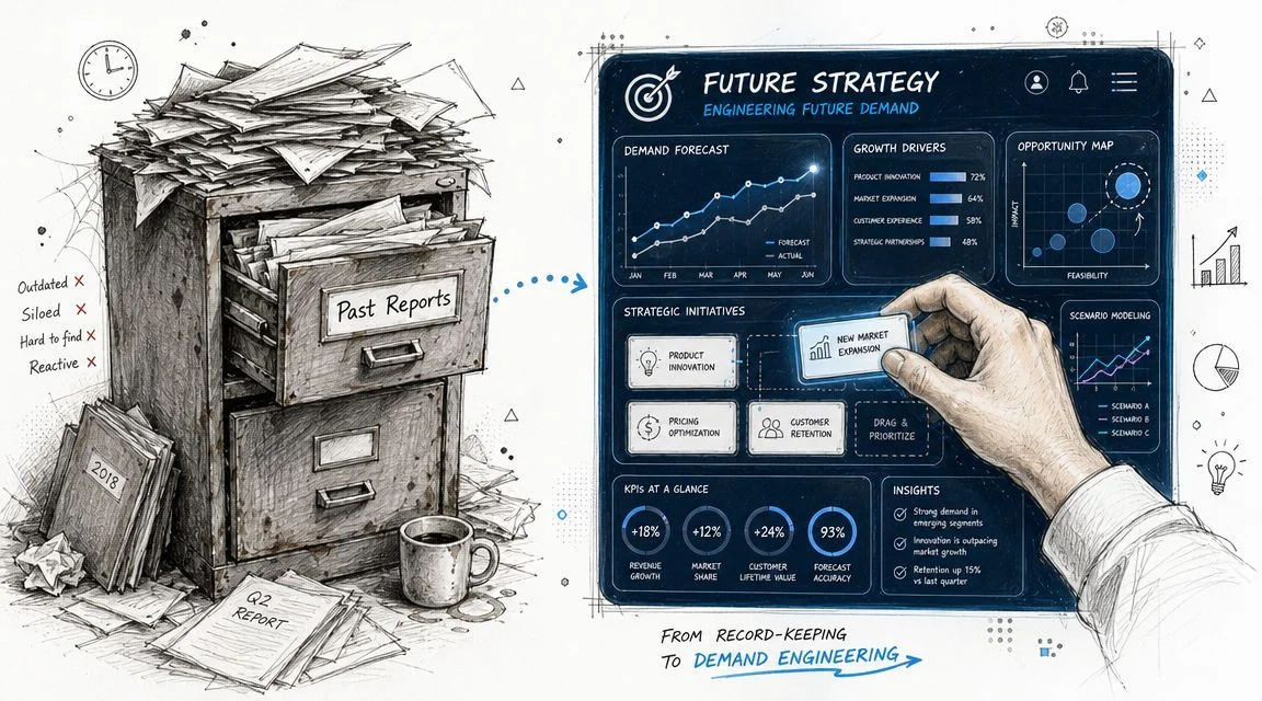 A conceptual illustration comparing disorganized physical paper filing with a modern digital data analytics dashboard.