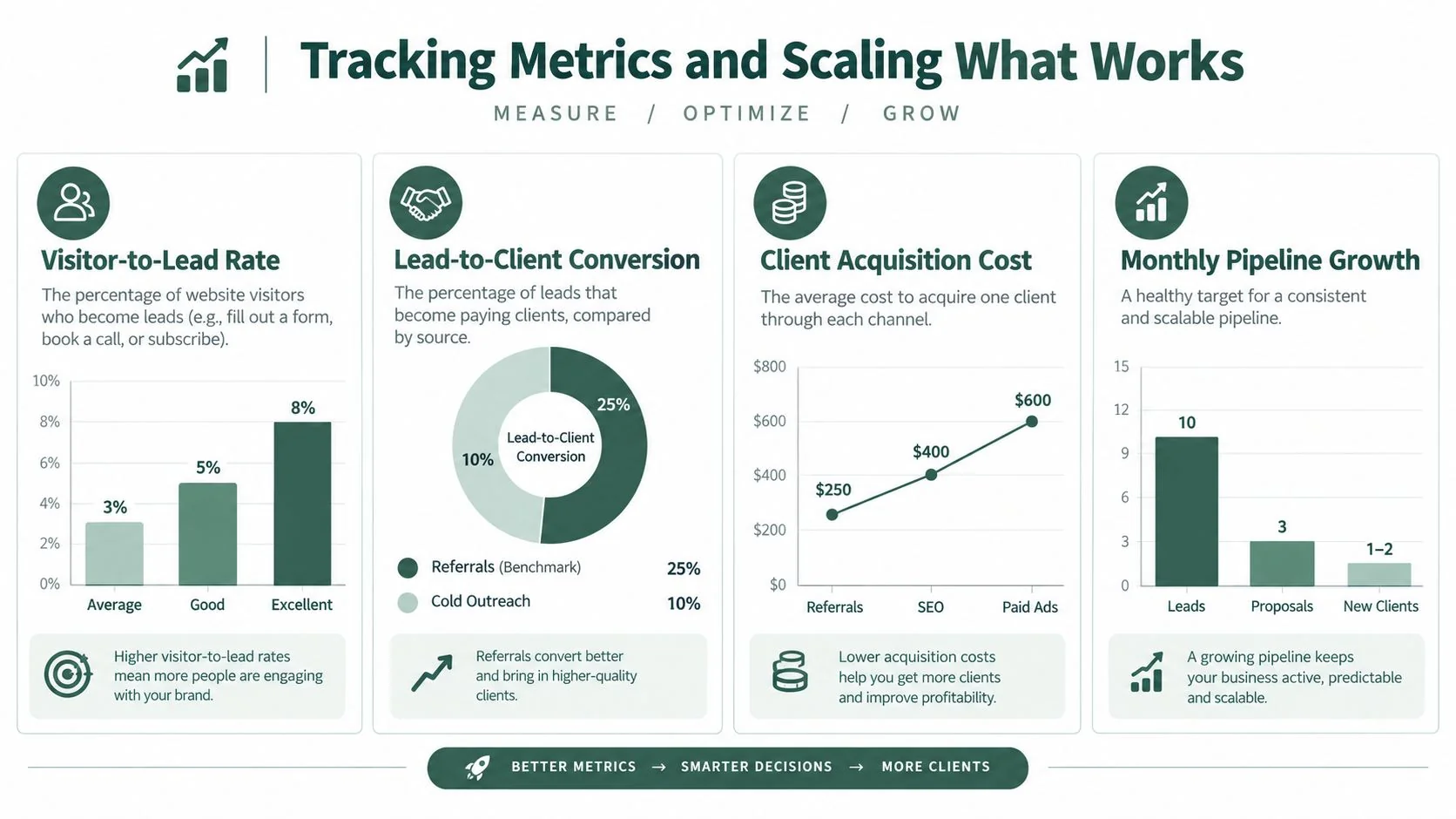 An infographic titled Tracking Metrics and Scaling What Works, displaying business growth data including conversion rates, client costs, and pipeline metrics.