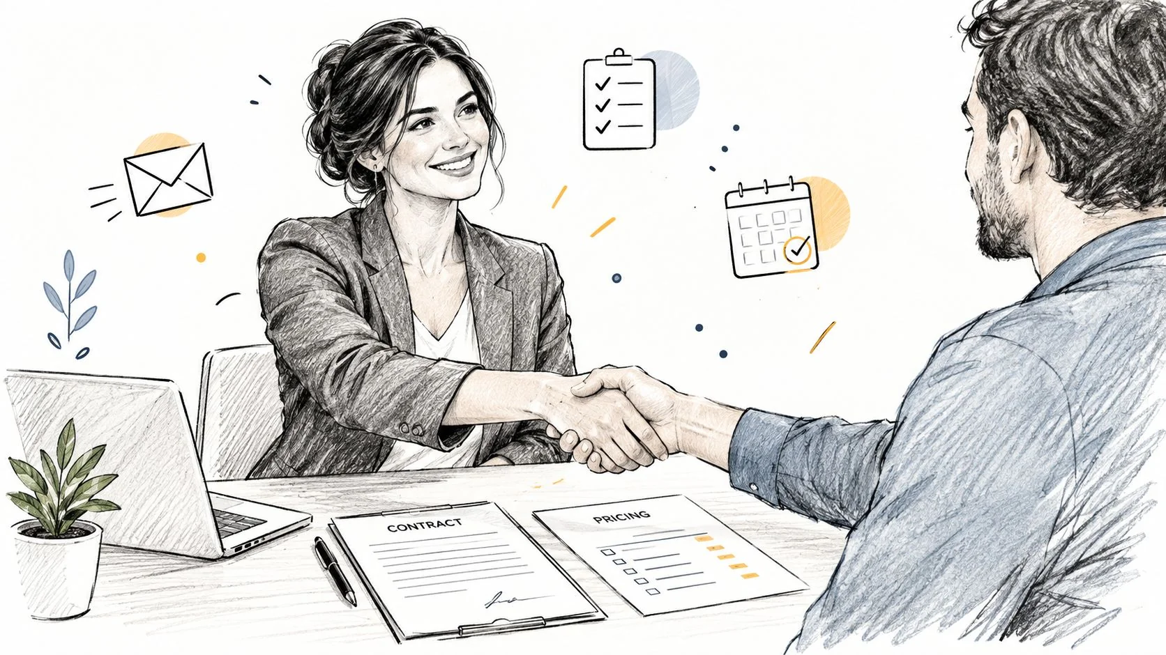 A professional woman and a man shaking hands over a desk with a contract and laptop.