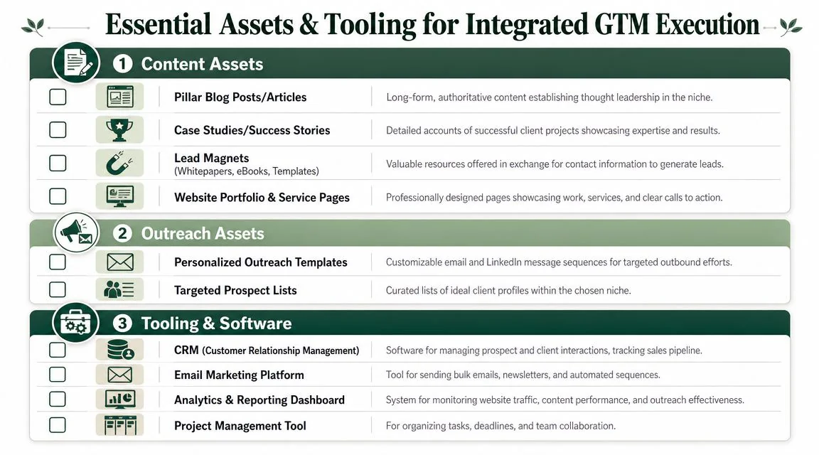 A checklist infographic detailing essential content assets, outreach materials, and software tools for integrated GTM execution strategies.