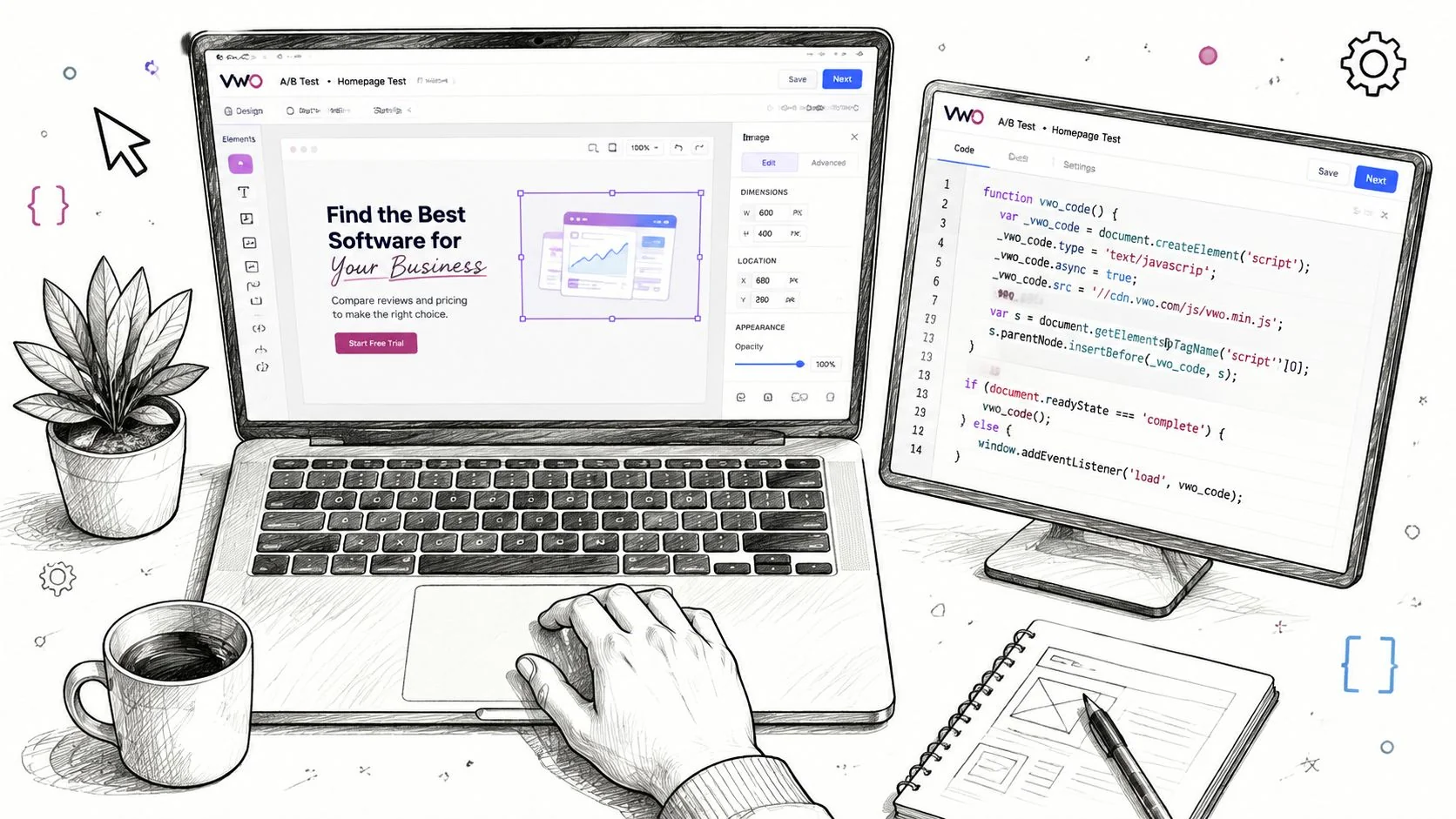A hand using a laptop to design an A/B test interface while code appears on a separate monitor.