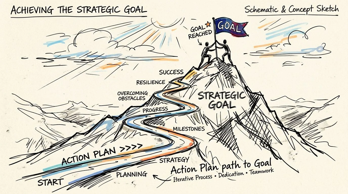 A hand-drawn sketch illustrating a strategic journey to reach a goal at the summit of a mountain.