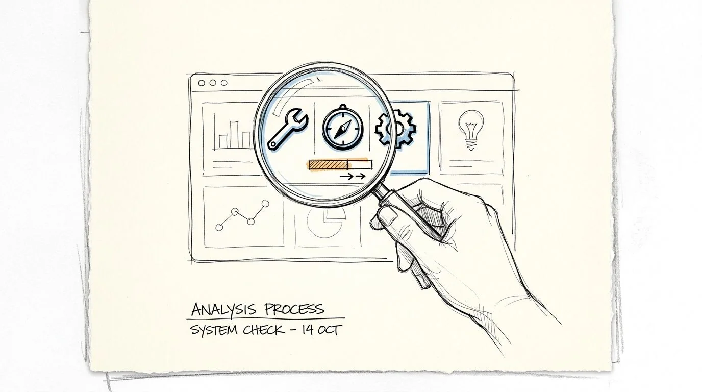 A hand holding a magnifying glass over a digital dashboard sketch illustrating an analytical business process.